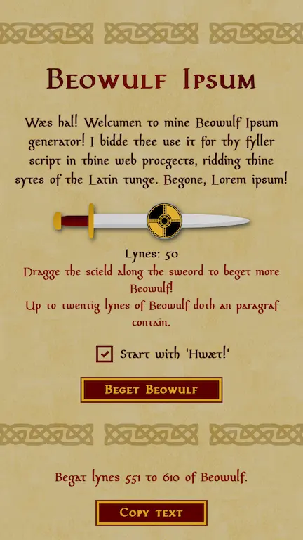 Screenshot of Beowulf Ipsum website introduction at mobile