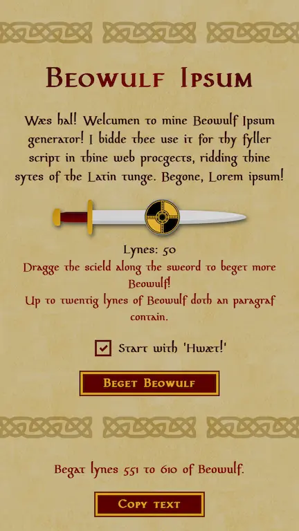 Beowulf Ipsum introduction content seen at mobile size. Screenshot of Beowulf Ipsum website introduction at mobile