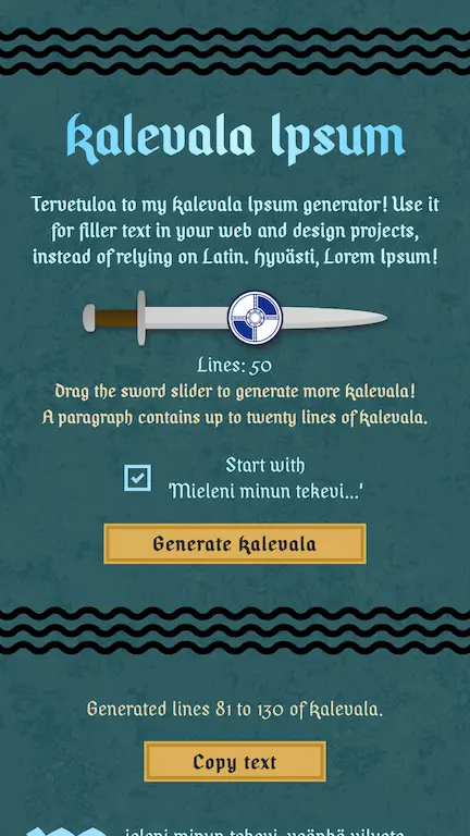 Screenshot of Kalevala Ipsum website introduction at mobile.