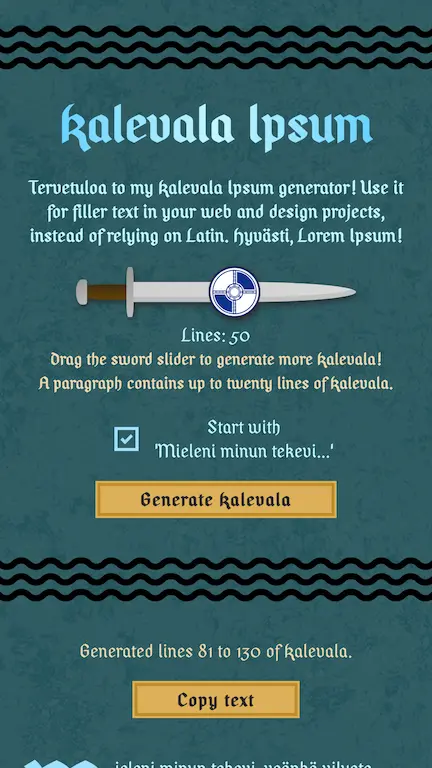Kalevala Ipsum introduction content seen at mobile size Screenshot of Kalevala Ipsum website introduction at mobile.
